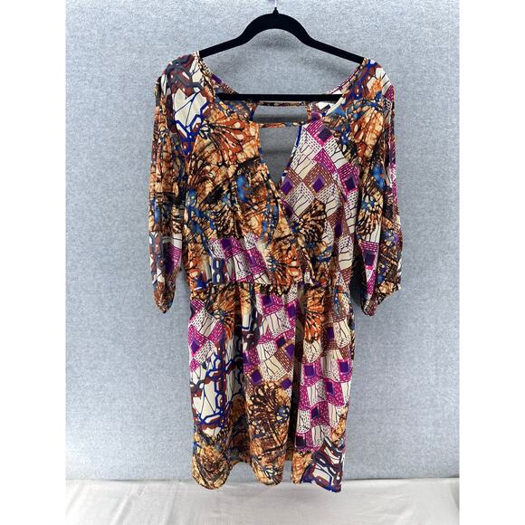GLAM Women's sz L Boho Tie Dye Printed Dress Slit Sleeve V Faux Wrap - Picture 3 of 6